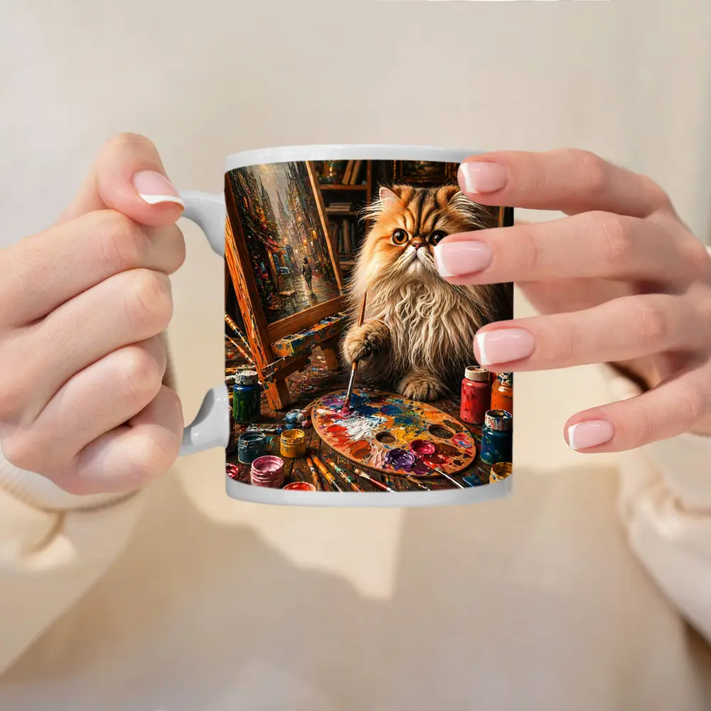 Persian Cat Artist Painting in Cozy Studio – Mugs