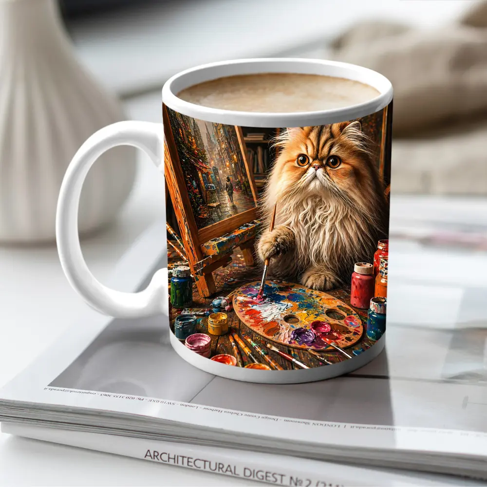 Persian Cat Artist Painting in Cozy Studio – Mugs