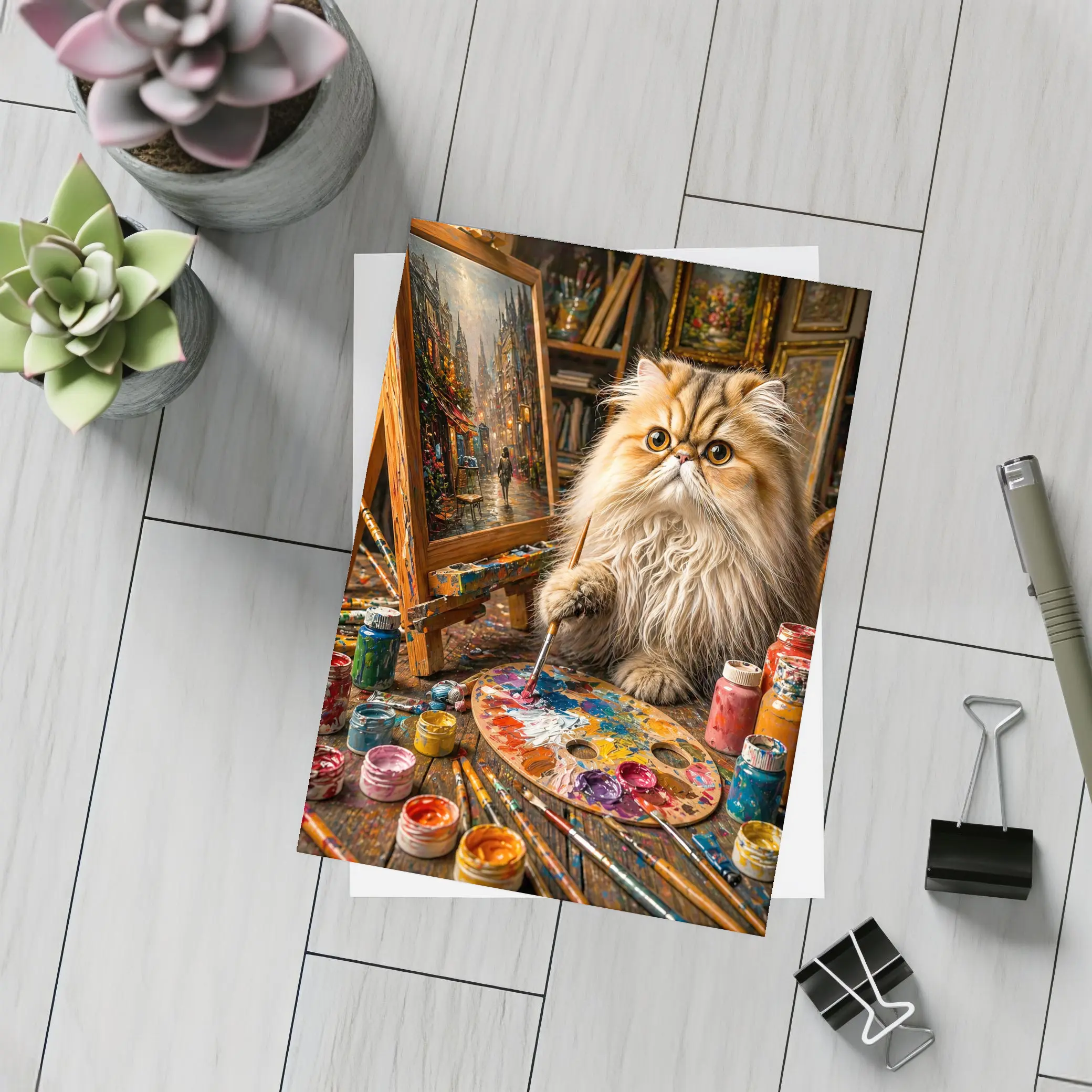 Persian Cat Artist Painting in Cozy Studio – Postcards