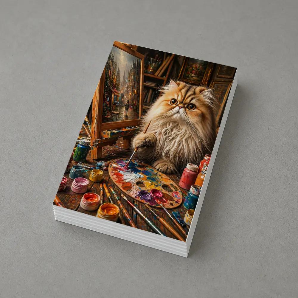 Persian Cat Artist Painting in Cozy Studio – Postcards