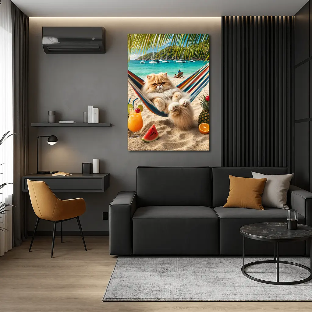 Persian Cat Relaxing on Beach Hammock – Wall Art