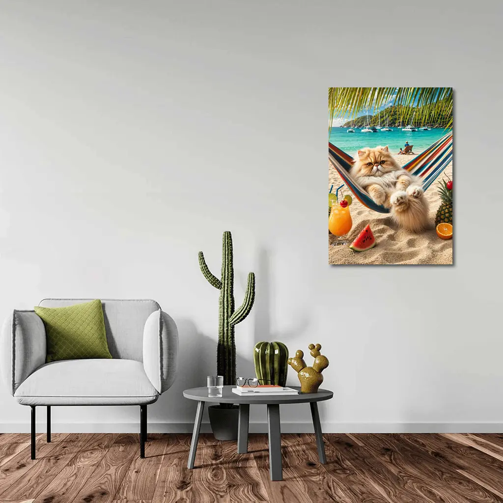 Persian Cat Relaxing on Beach Hammock – Wall Art