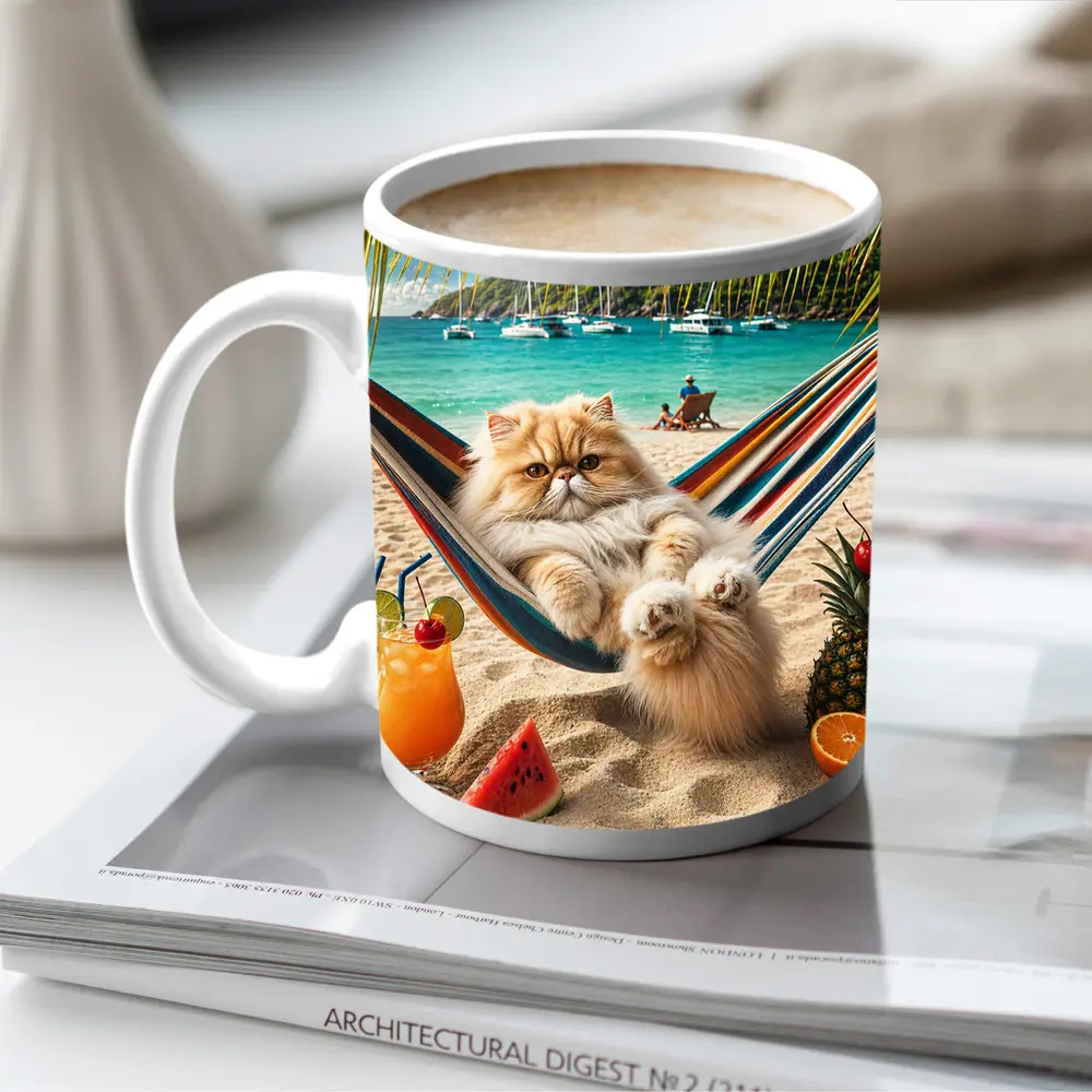 Persian Cat Relaxing on Beach Hammock – Mugs