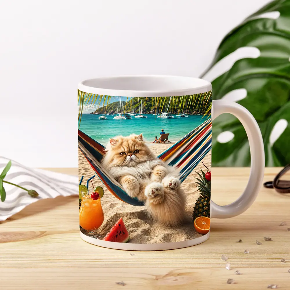 Persian Cat Relaxing on Beach Hammock – Mugs