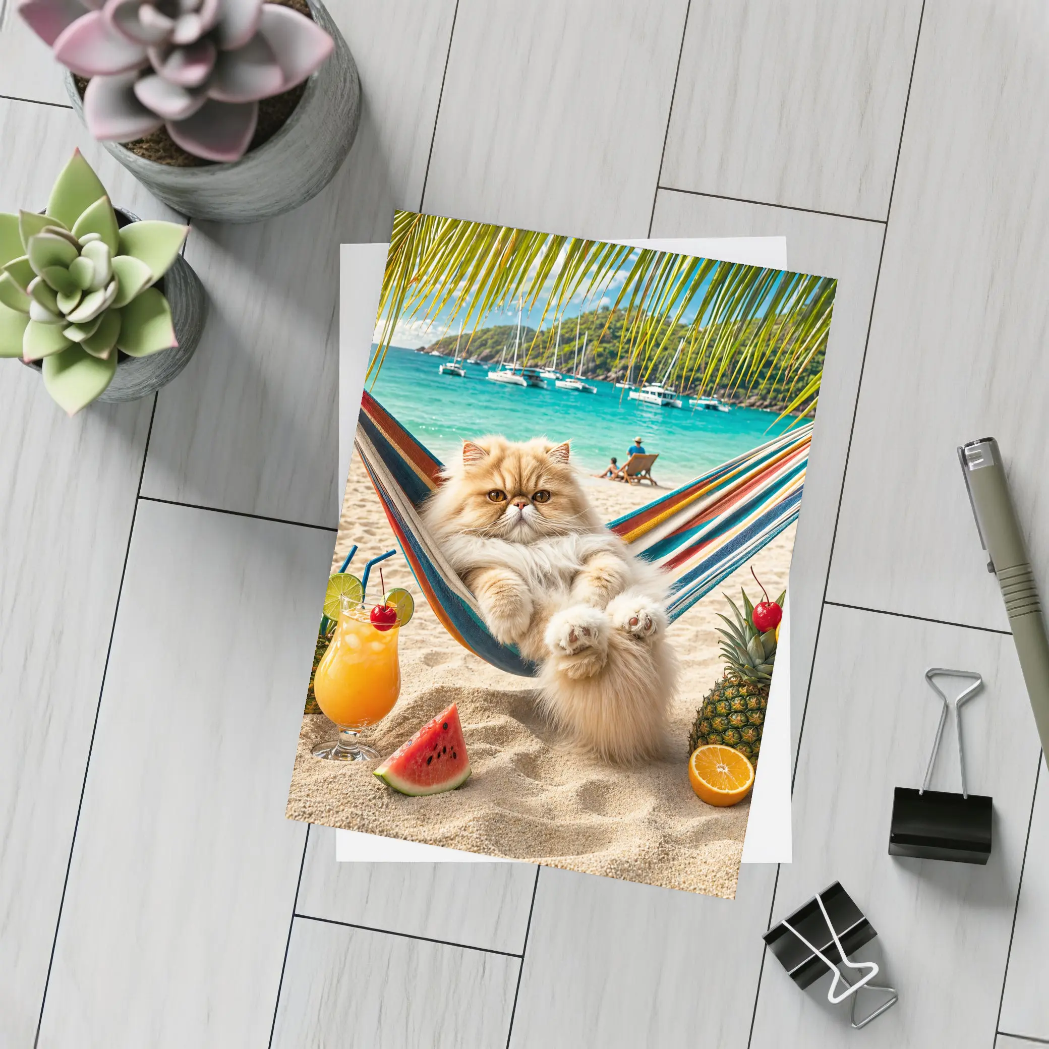 Persian Cat Relaxing on Beach Hammock – Postcards