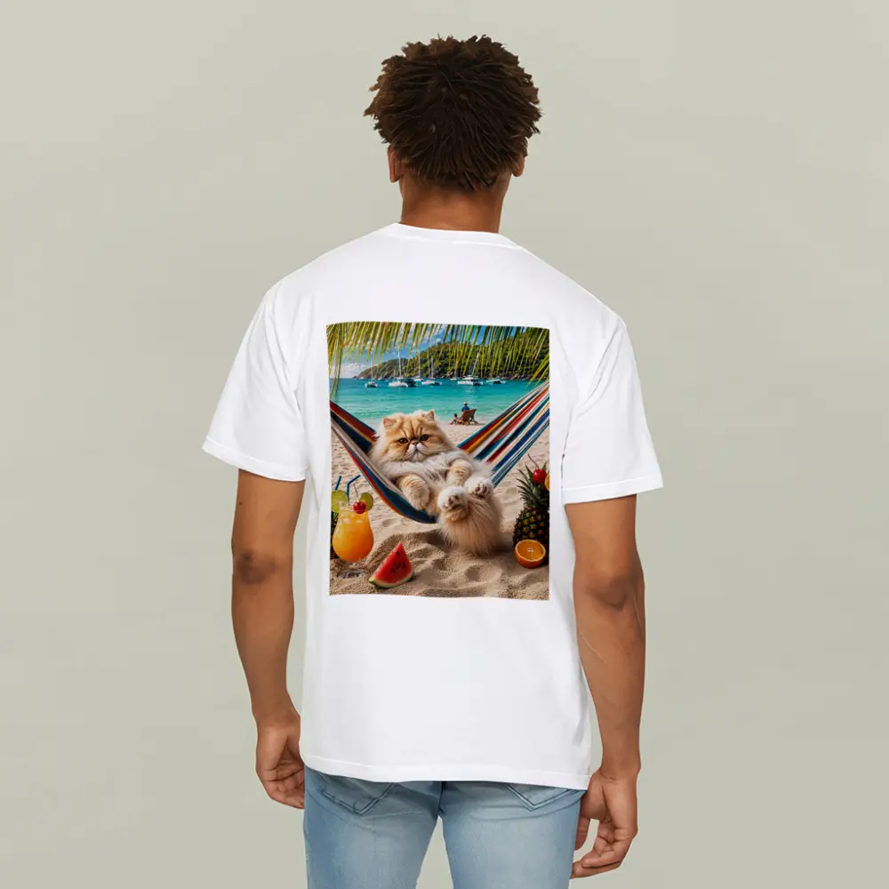 Persian Cat Relaxing on Beach Hammock – T-Shirts