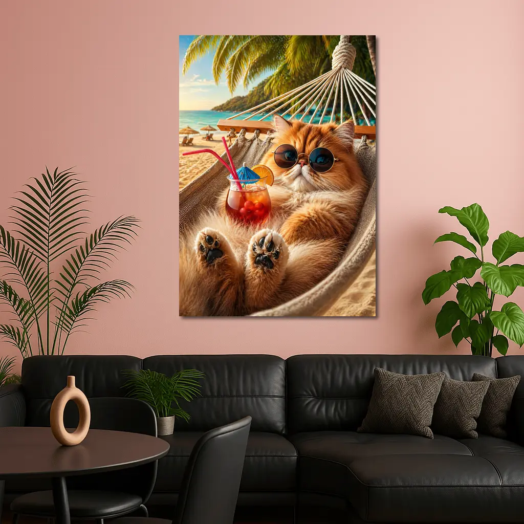 Persian Cat Relaxing Beach Hammock Cocktail – Wall Art