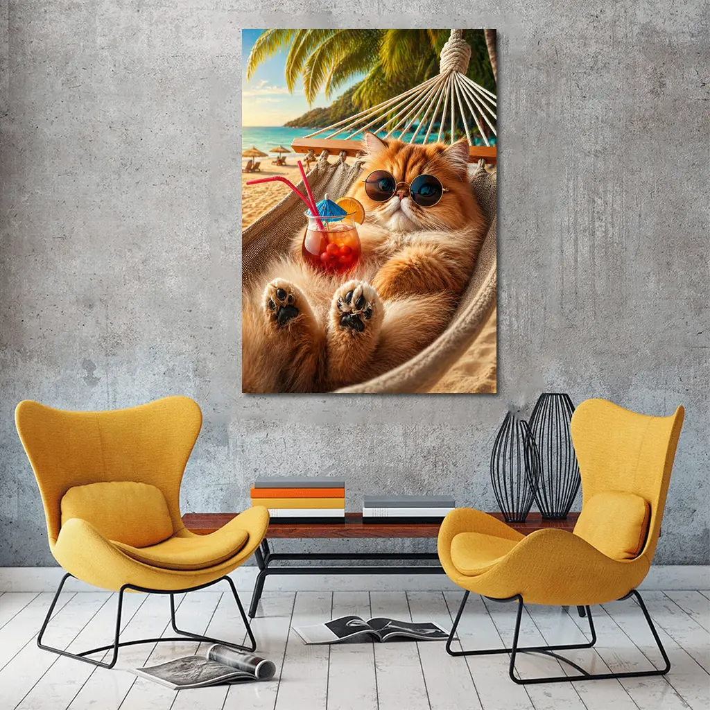 Persian Cat Relaxing Beach Hammock Cocktail – Wall Art