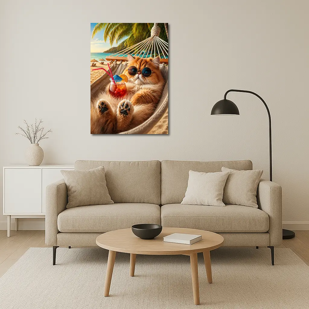Persian Cat Relaxing Beach Hammock Cocktail – Wall Art