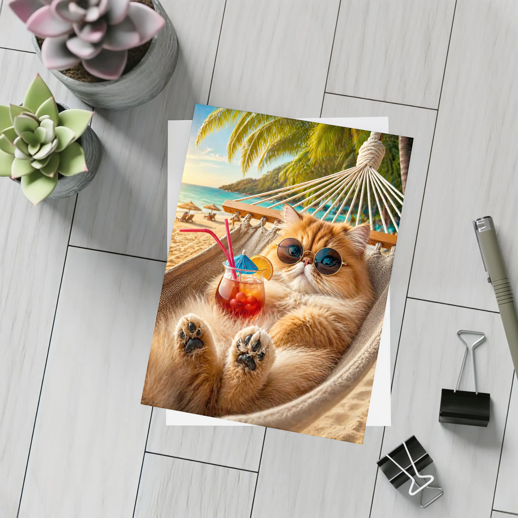 Persian Cat Relaxing Beach Hammock Cocktail – Postcards