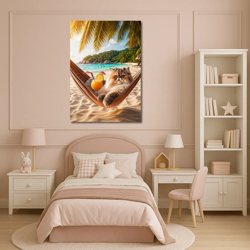 Persian Cat Relaxing Beach Hammock Tropical Cocktail – Wall Art
