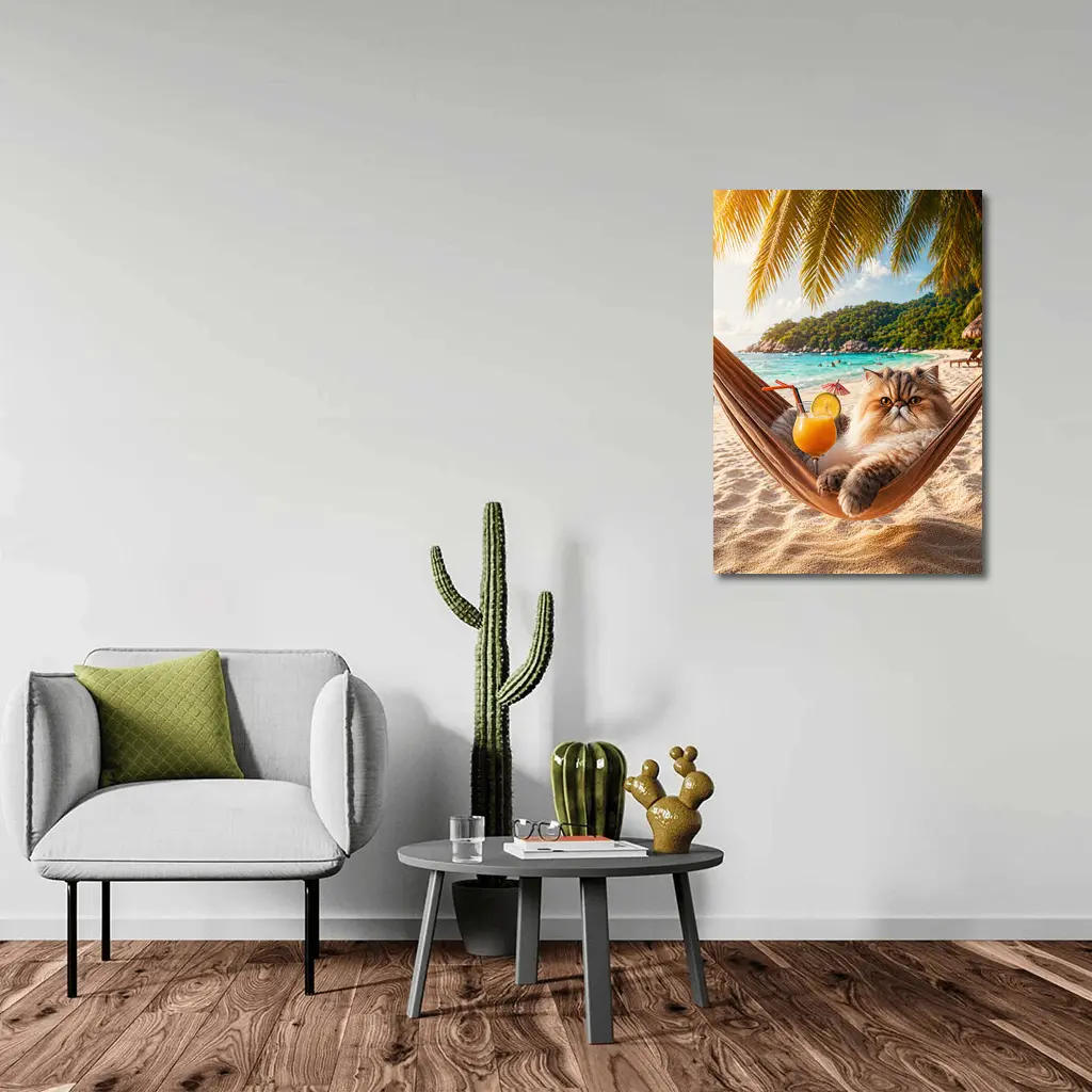 Persian Cat Relaxing Beach Hammock Tropical Cocktail – Wall Art
