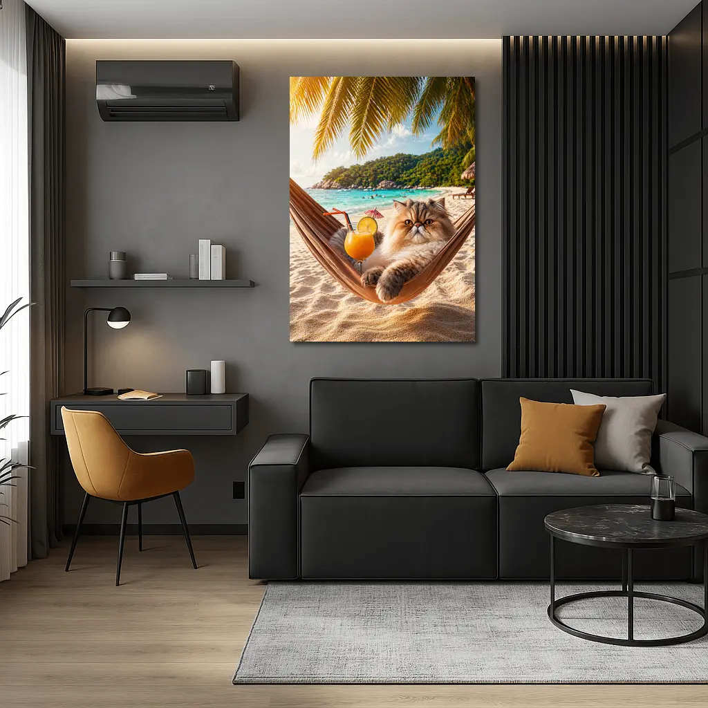 Persian Cat Relaxing Beach Hammock Tropical Cocktail – Wall Art