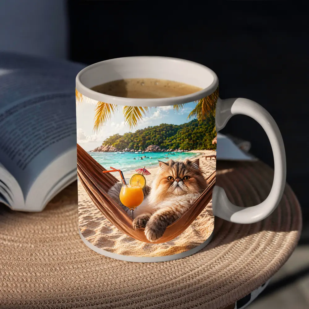 Persian Cat Relaxing Beach Hammock Tropical Cocktail – Mugs