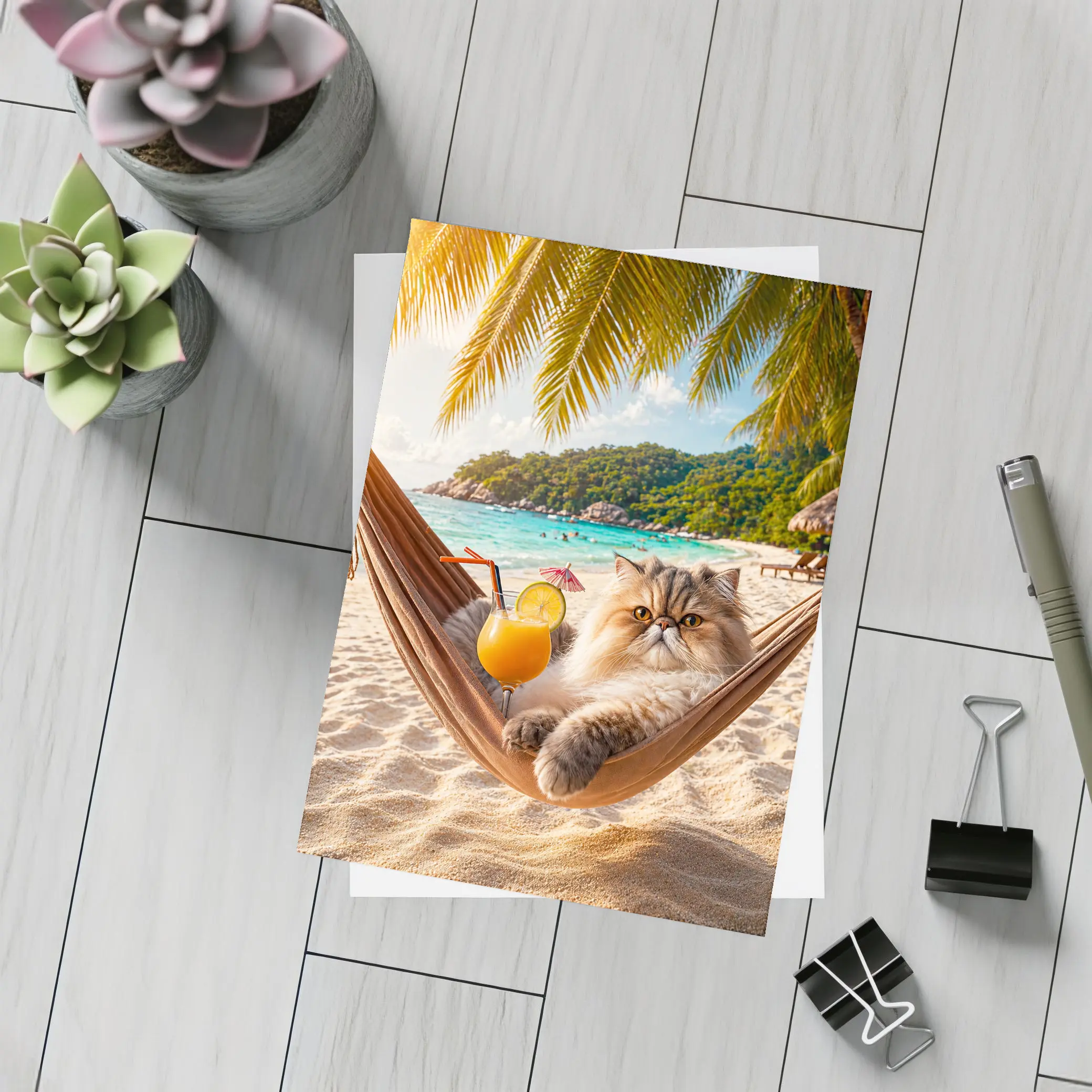 Persian Cat Relaxing Beach Hammock Tropical Cocktail – Postcards