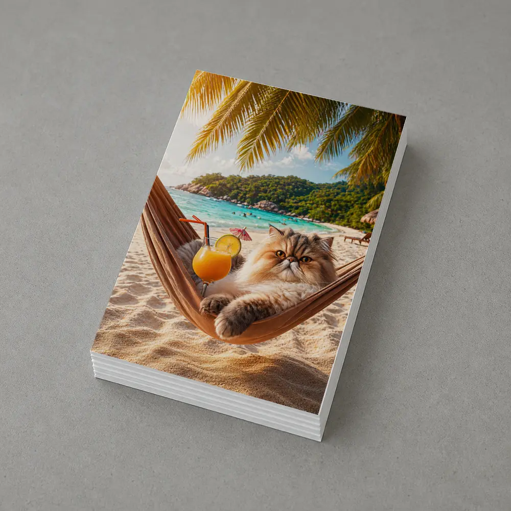Persian Cat Relaxing Beach Hammock Tropical Cocktail – Postcards