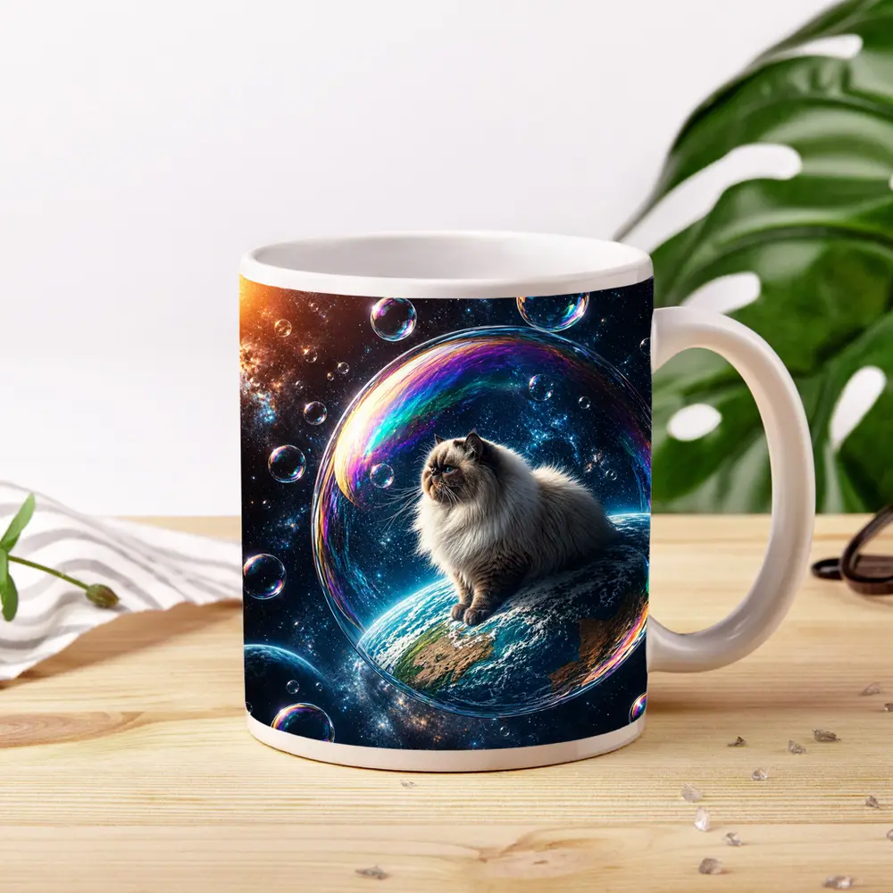 Himalayan Cat Sitting on Earth in Space – Mugs