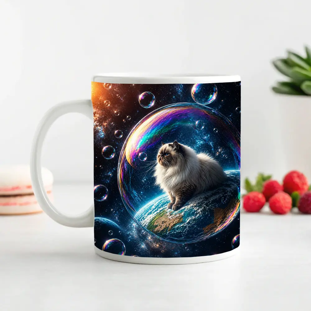 Himalayan Cat Sitting on Earth in Space – Mugs