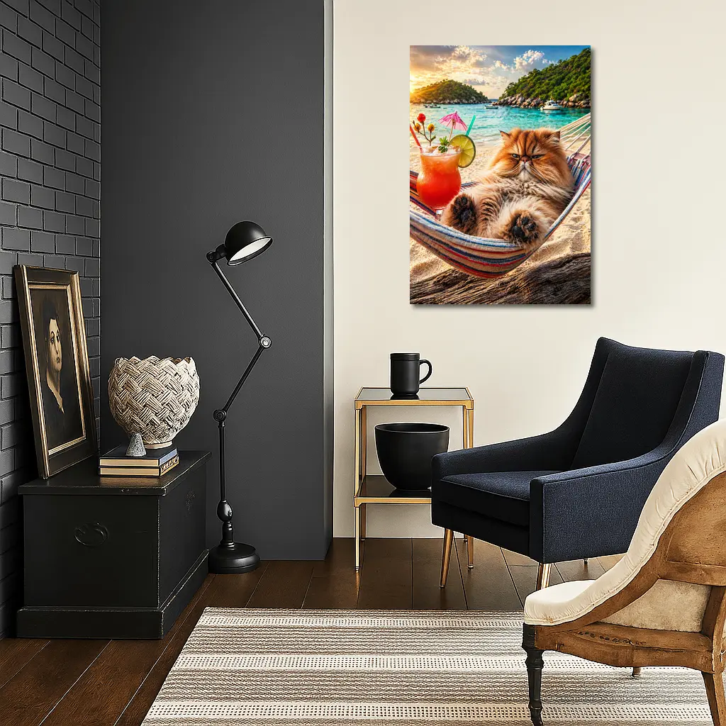 Persian Cat Relaxing Beach Hammock Tropical Cocktail – Wall Art