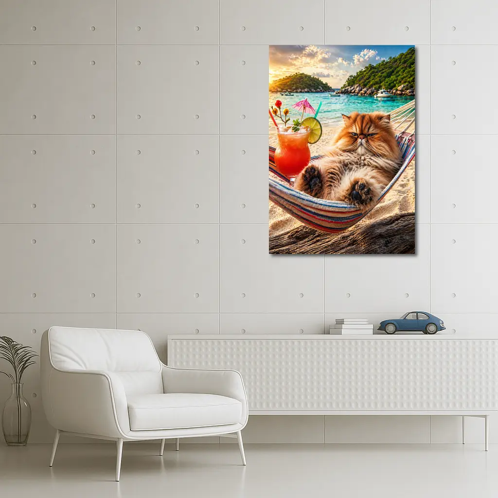 Persian Cat Relaxing Beach Hammock Tropical Cocktail – Wall Art