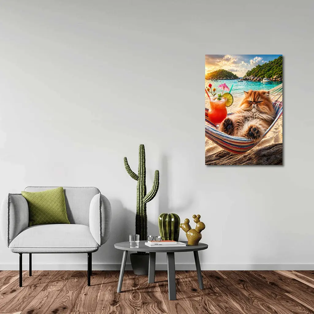 Persian Cat Relaxing Beach Hammock Tropical Cocktail – Wall Art