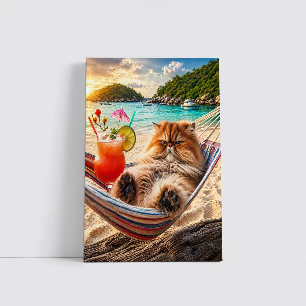 Persian Cat Relaxing Beach Hammock Tropical Cocktail – Wall Art