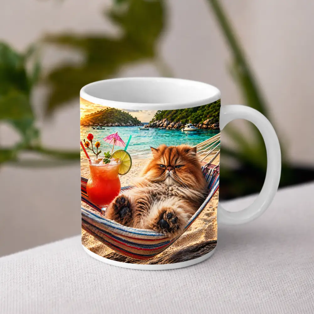 Persian Cat Relaxing Beach Hammock Tropical Cocktail – Mugs