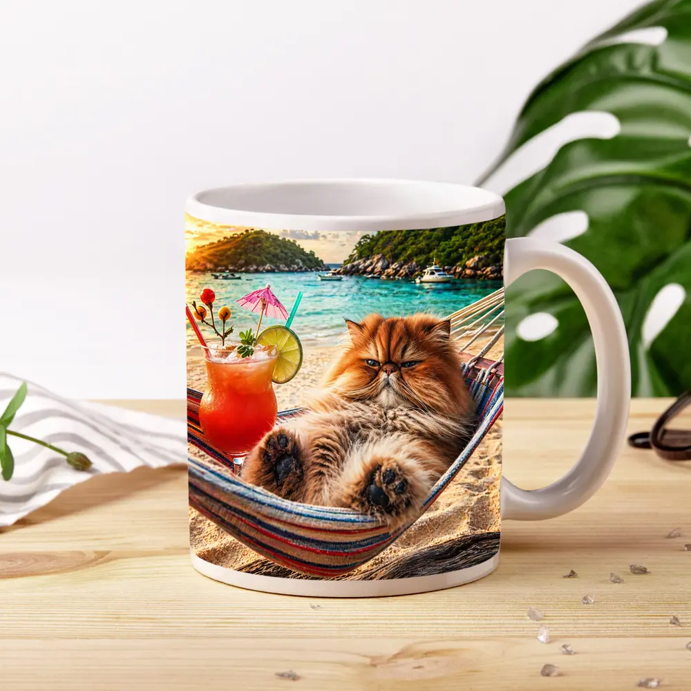 Persian Cat Relaxing Beach Hammock Tropical Cocktail – Mugs