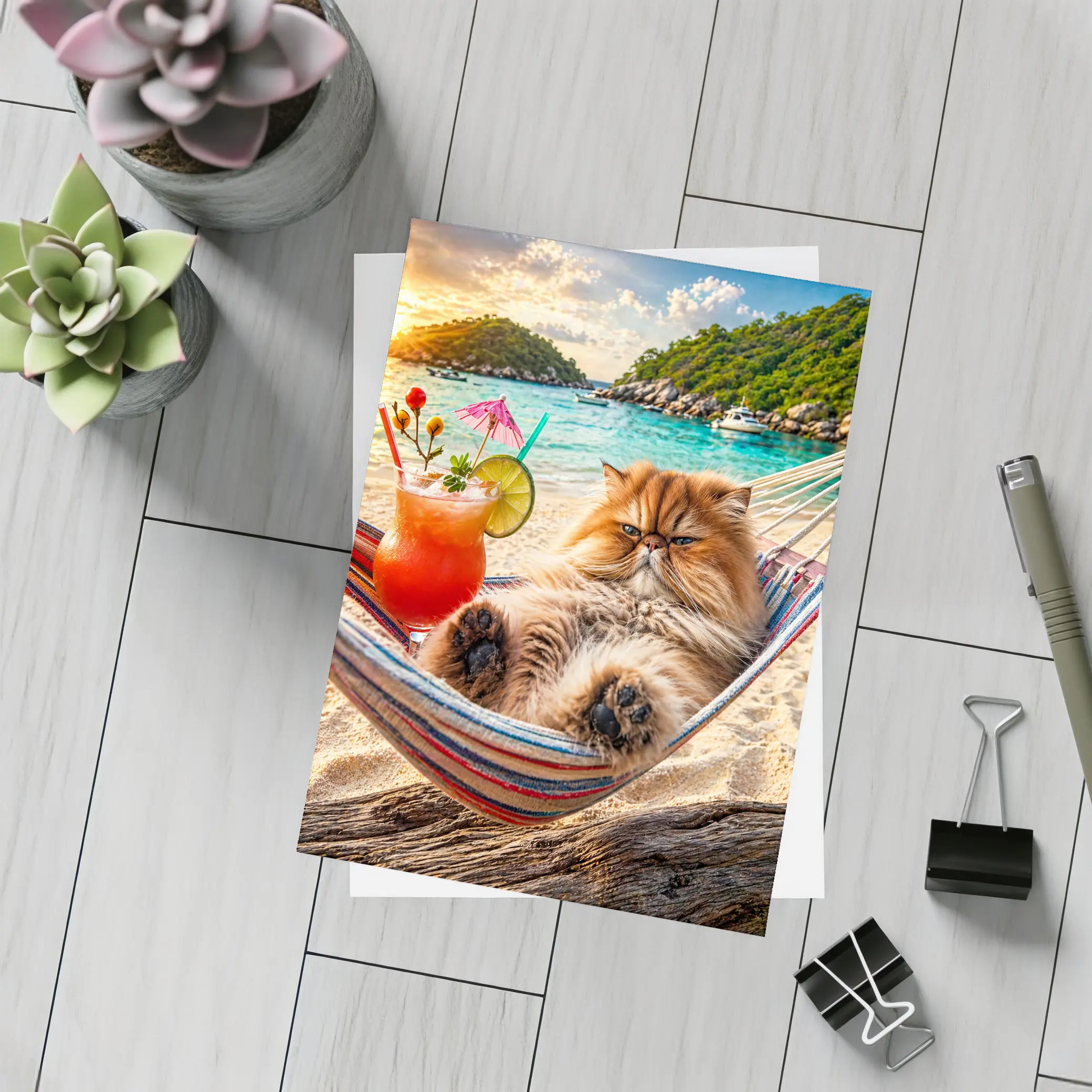 Persian Cat Relaxing Beach Hammock Tropical Cocktail – Postcards