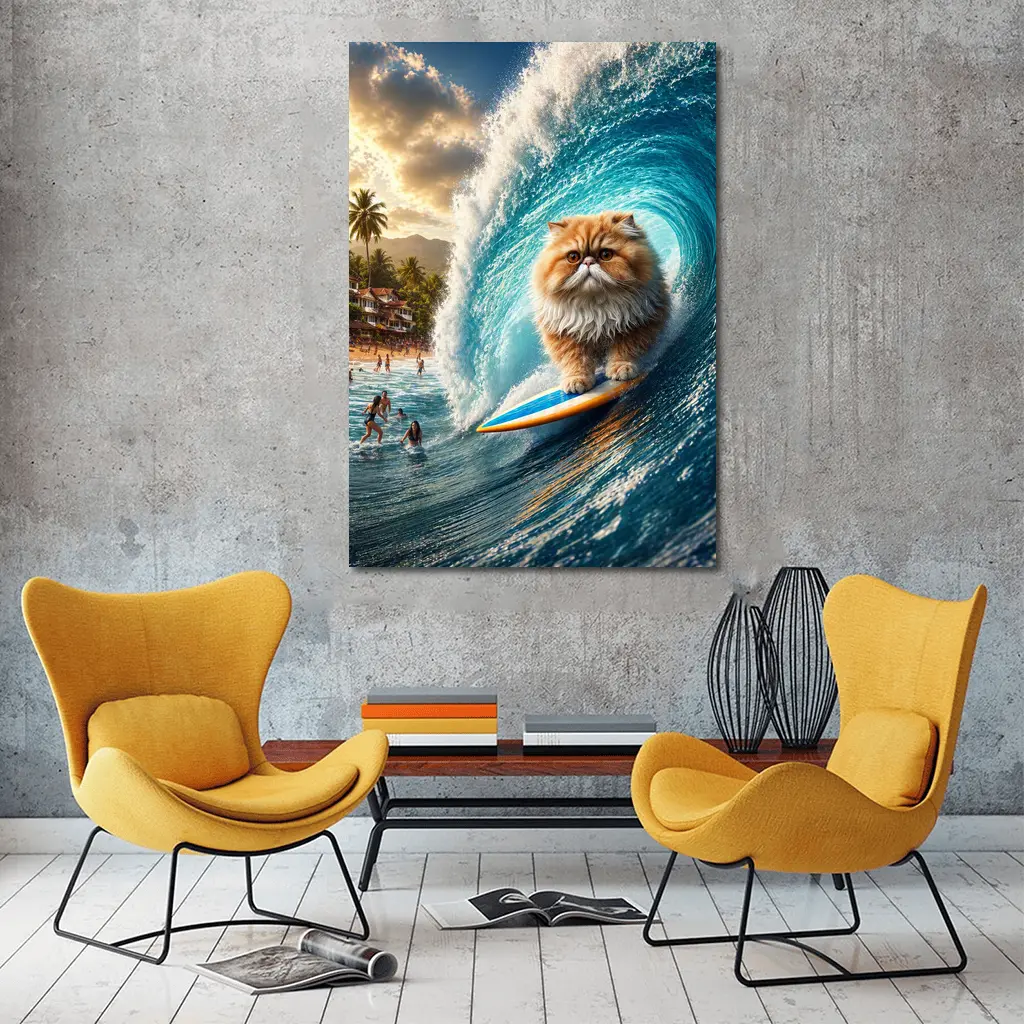 Persian Cat Surfing Giant Ocean Wave – Wall Art