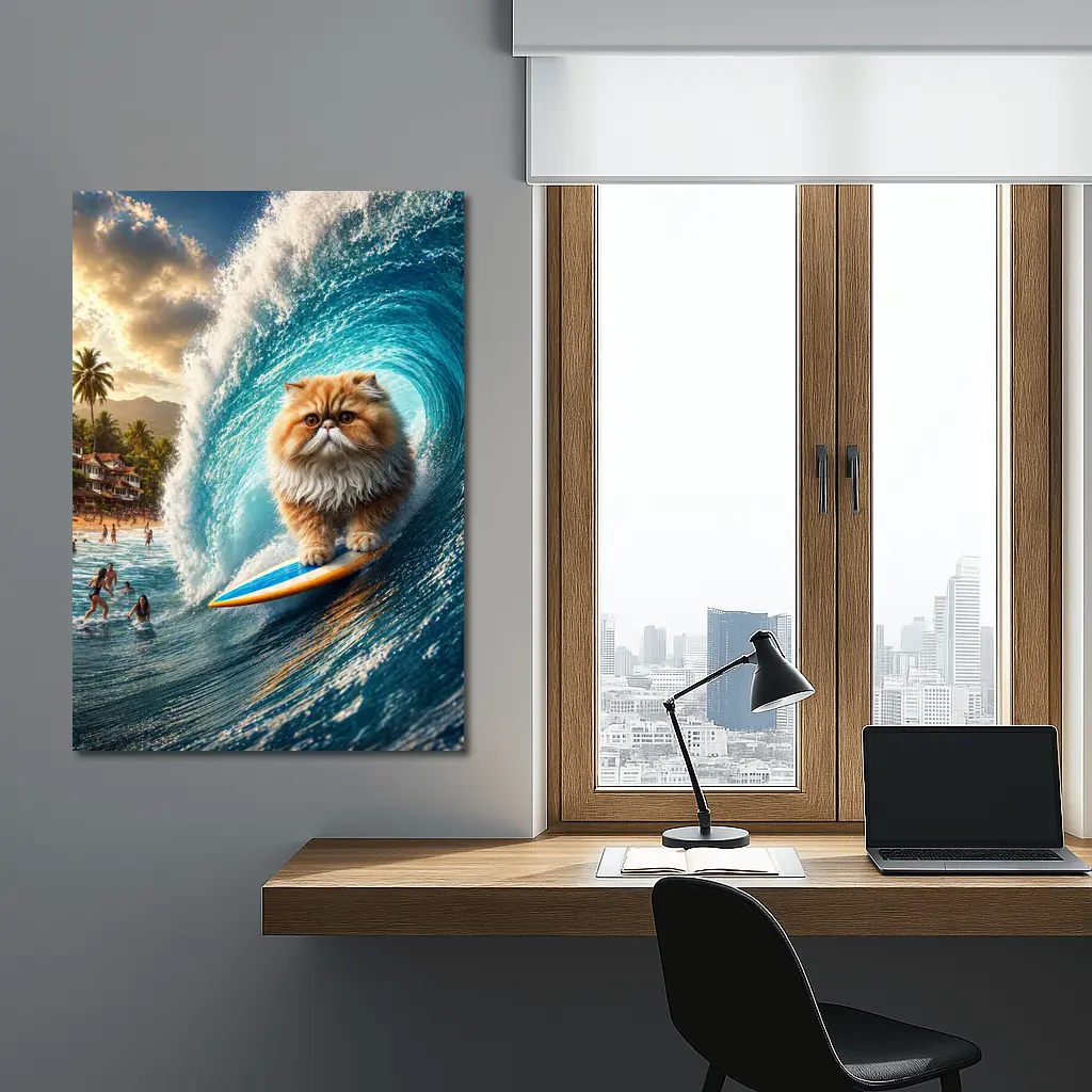 Persian Cat Surfing Giant Ocean Wave – Wall Art