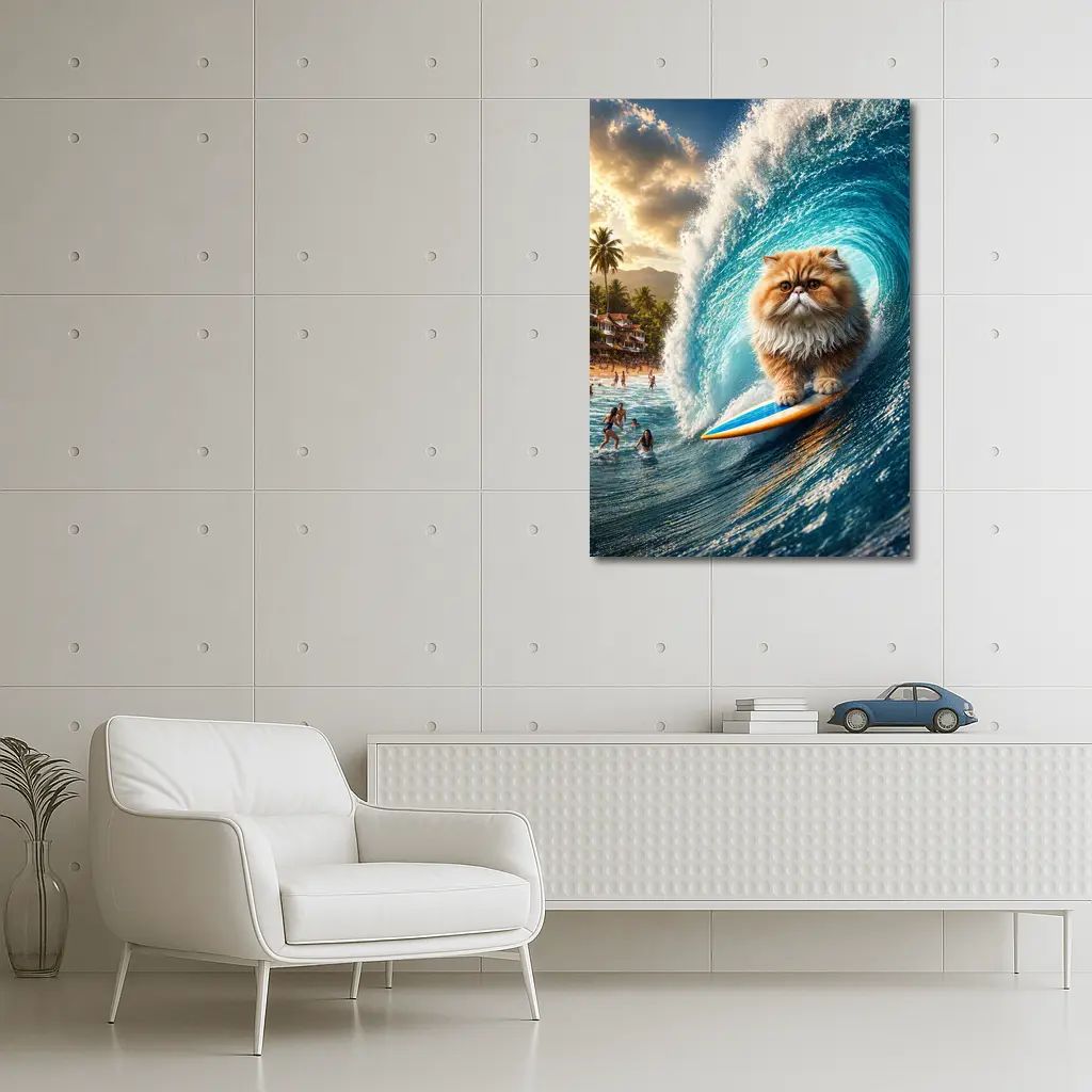 Persian Cat Surfing Giant Ocean Wave – Wall Art