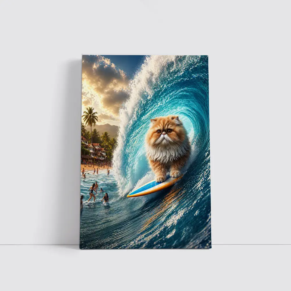 Persian Cat Surfing Giant Ocean Wave – Wall Art