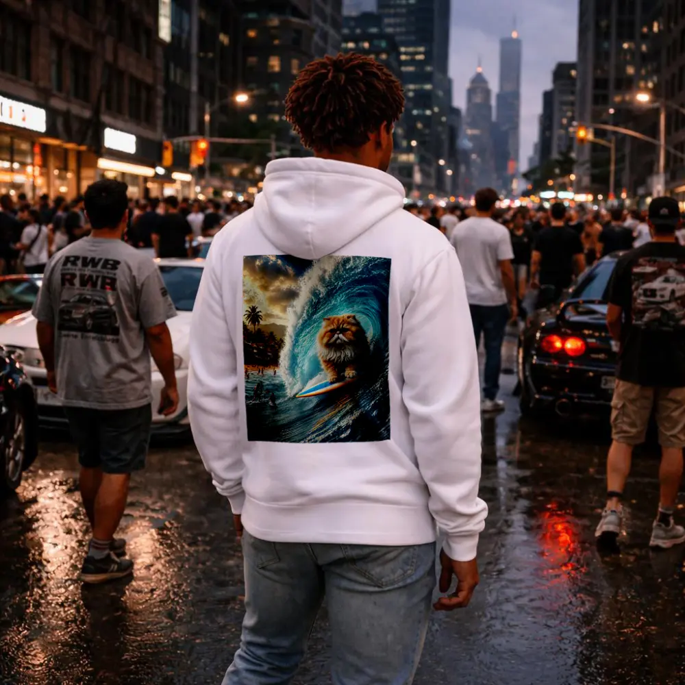 Persian Cat Surfing Giant Ocean Wave – Hoodies