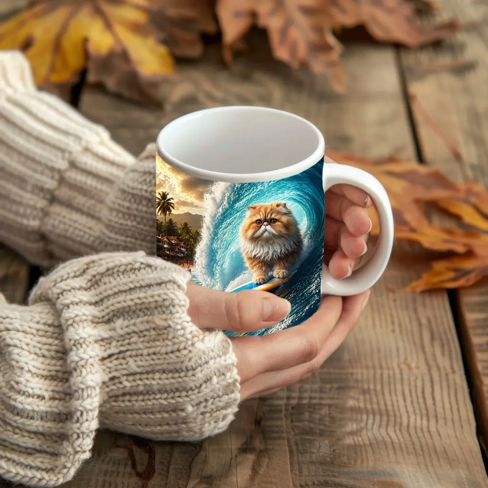 Persian Cat Surfing Giant Ocean Wave – Mugs
