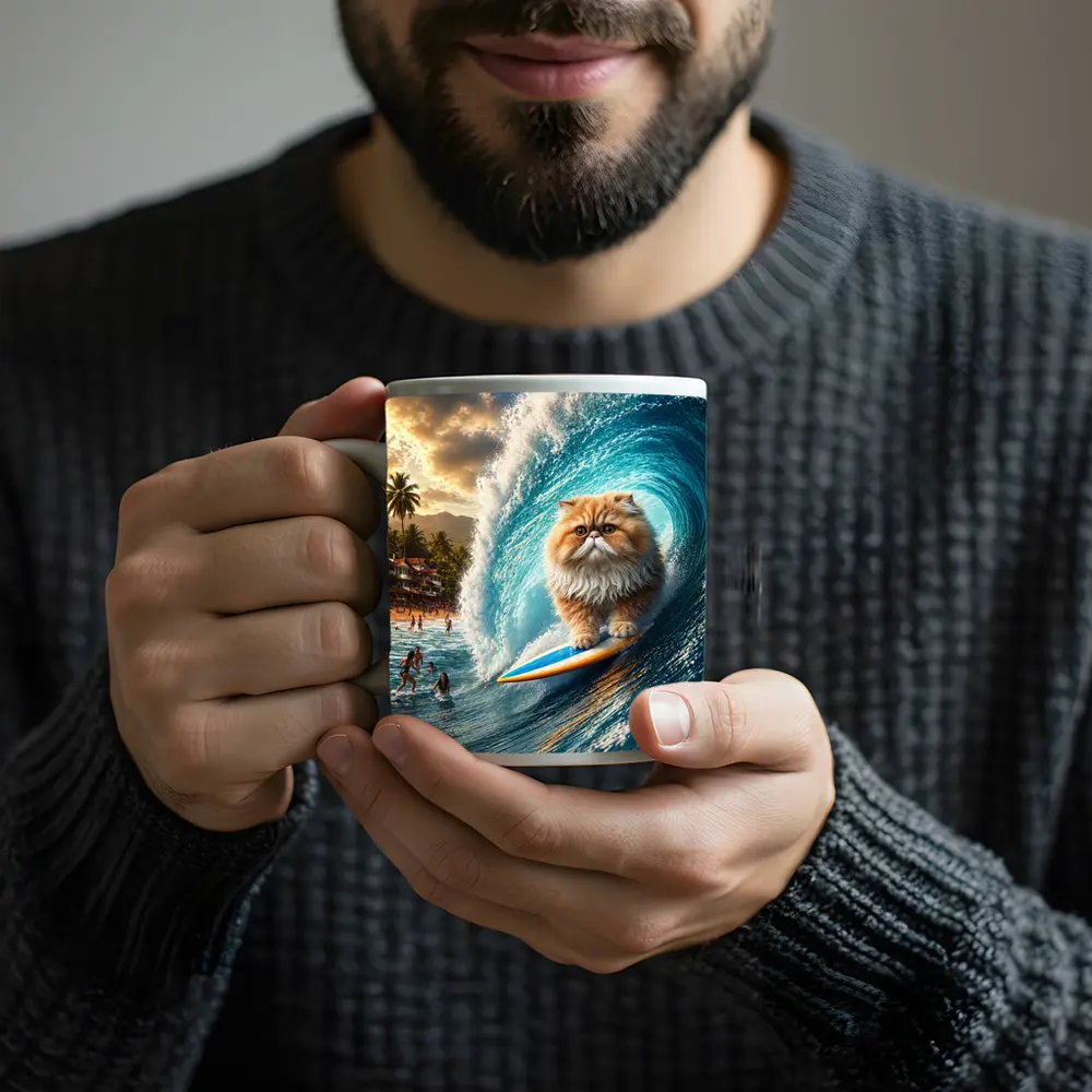 Persian Cat Surfing Giant Ocean Wave – Mugs