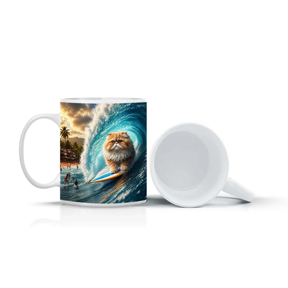 Persian Cat Surfing Giant Ocean Wave – Mugs