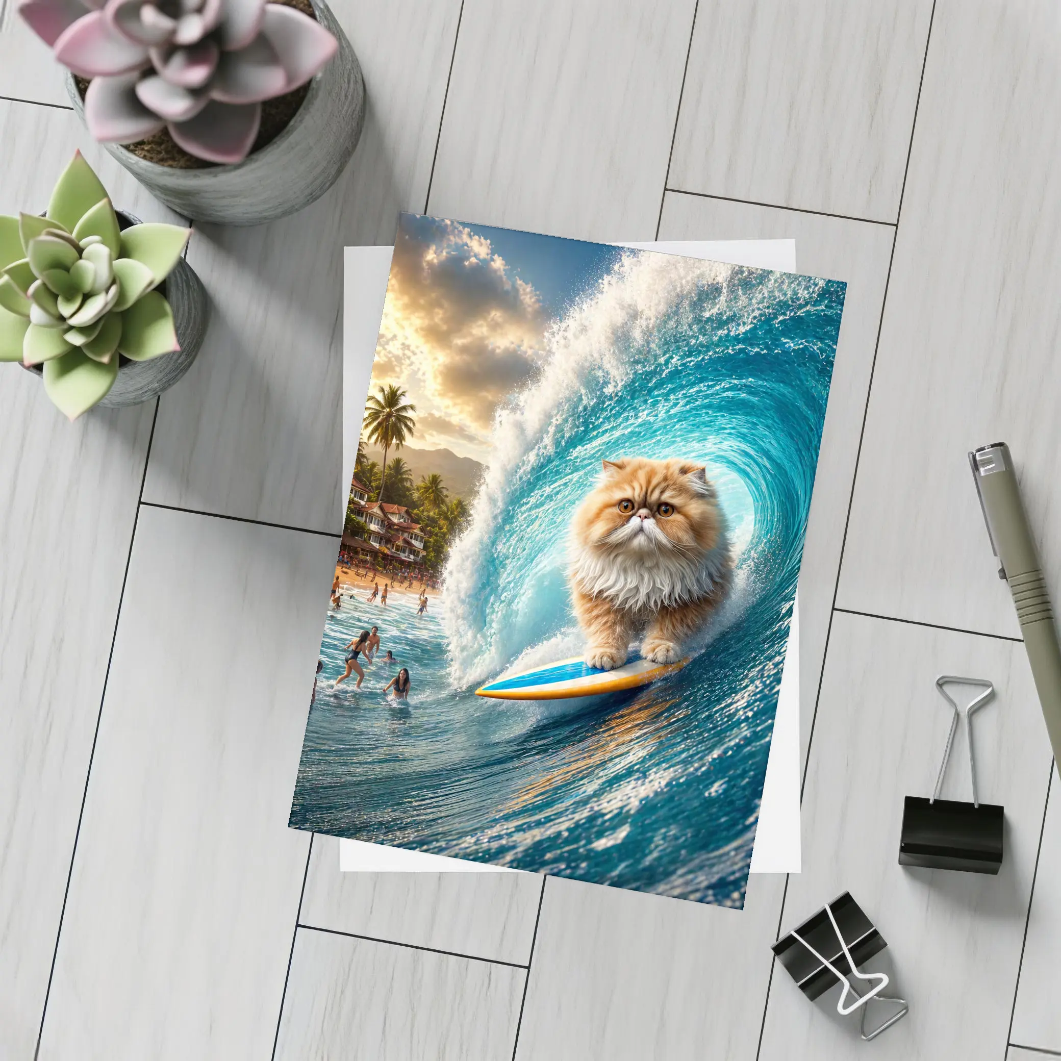Persian Cat Surfing Giant Ocean Wave – Postcards