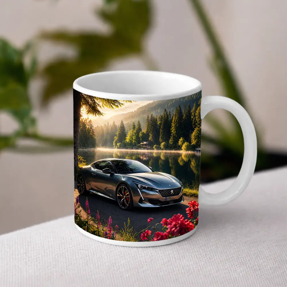 Peugeot Sport Car Lakeside Forest Sunrise – Mugs