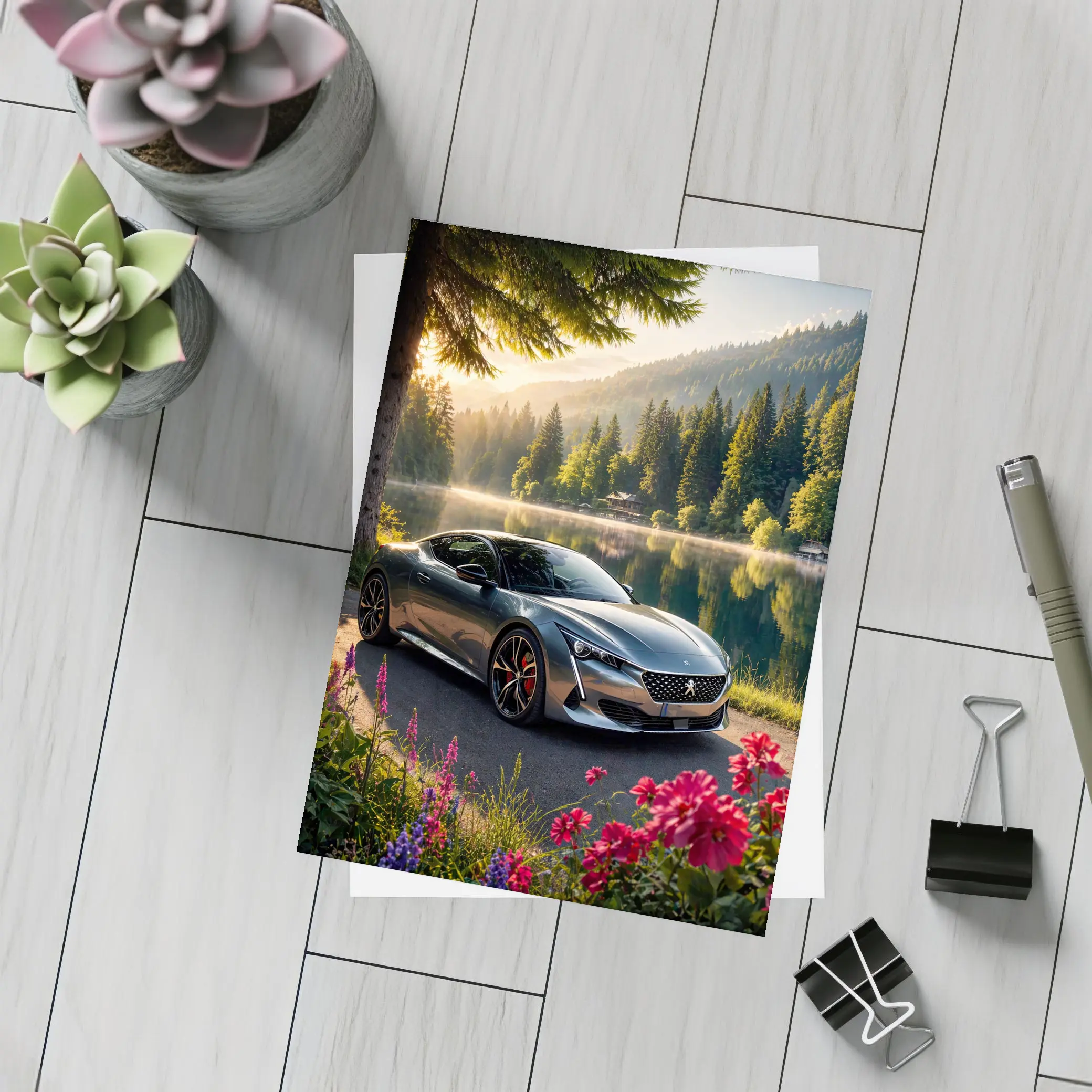 Peugeot Sport Car Lakeside Forest Sunrise – Postcards
