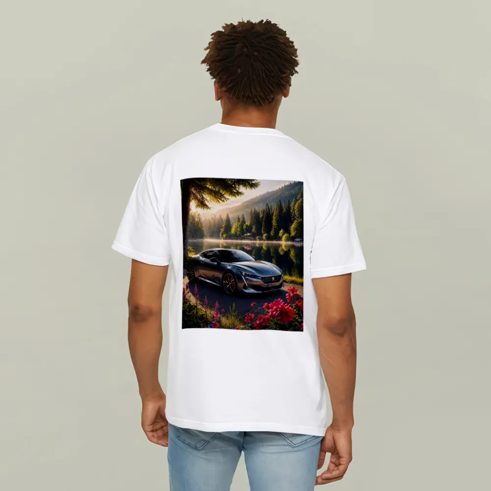 Peugeot Sport Car Lakeside Forest Sunrise – T-Shirts