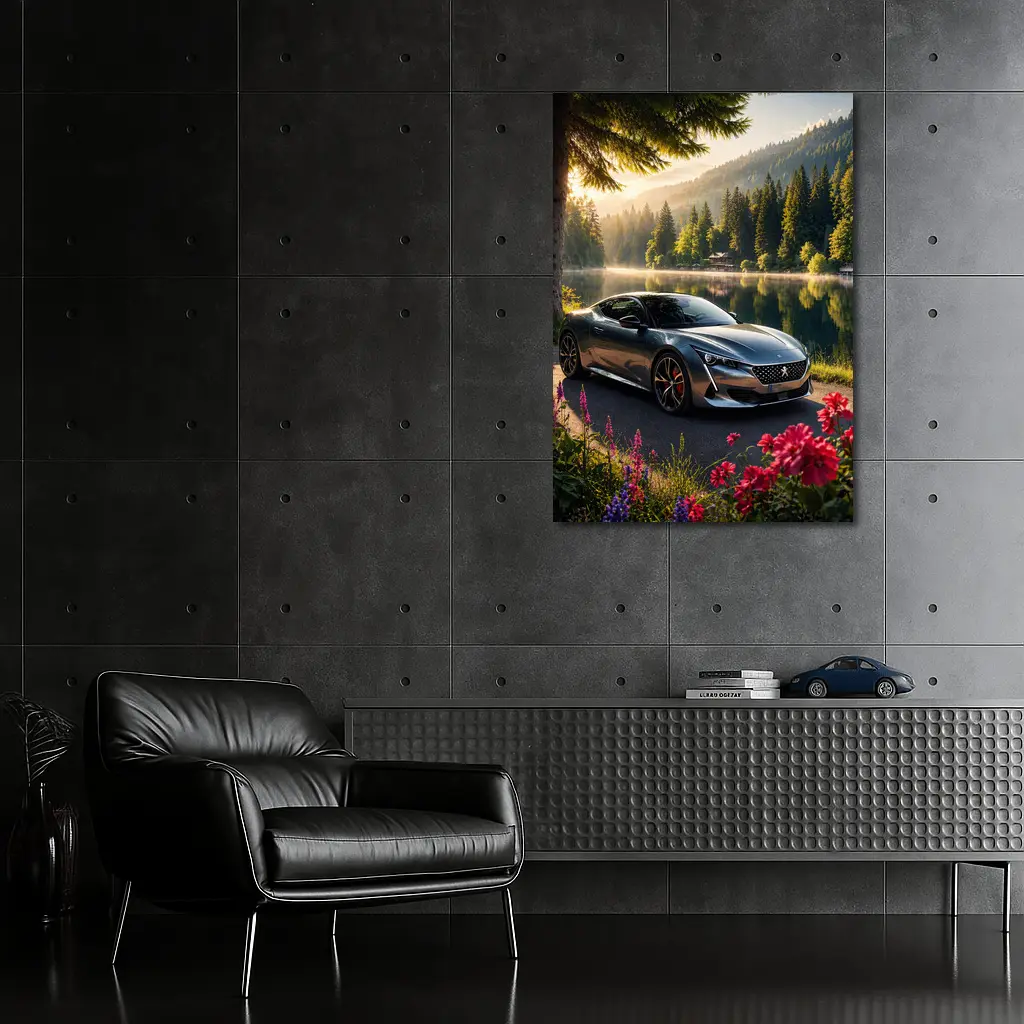 Peugeot 508 2023 Grey Fastback Lakeside Forest Sunrise – Wall Art