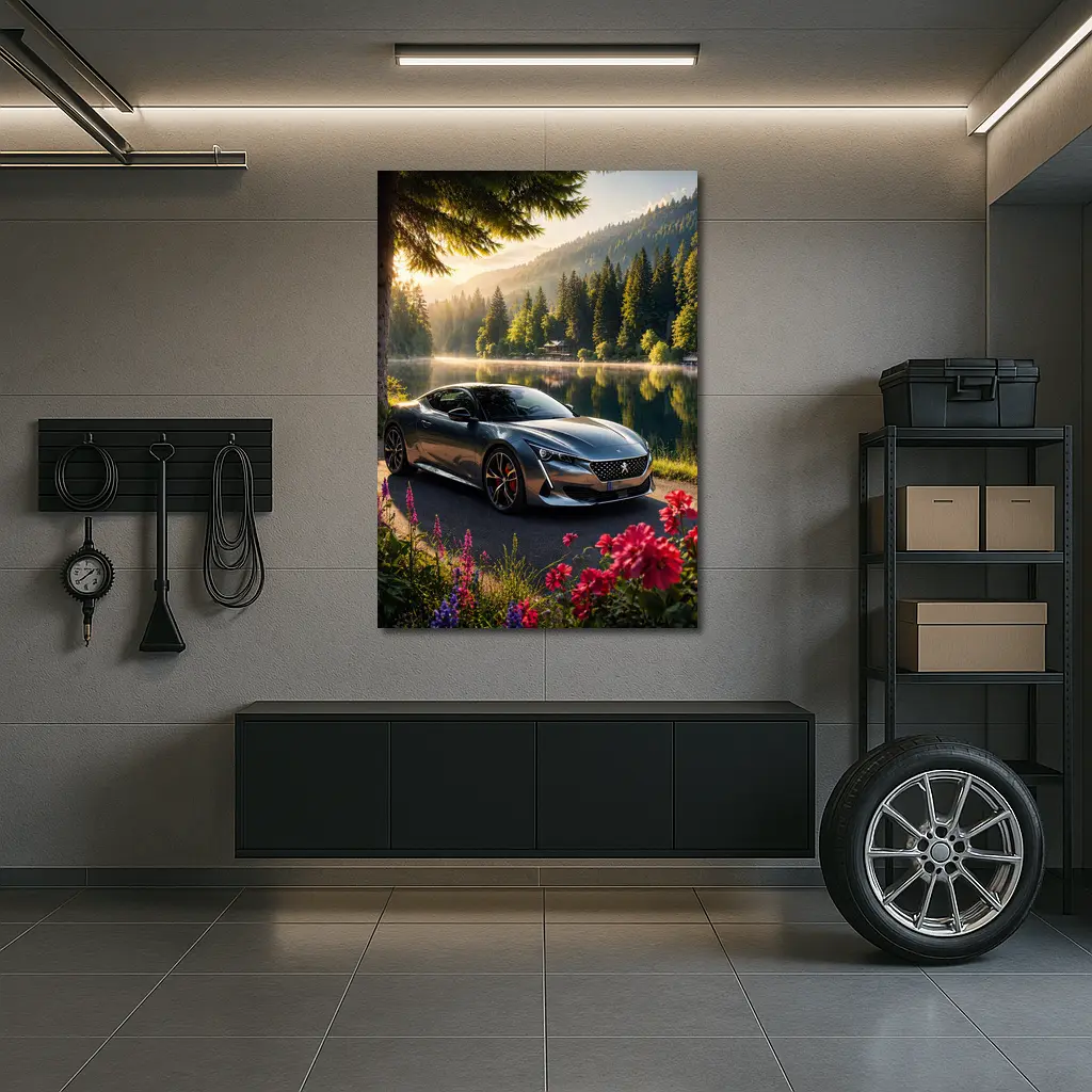 Peugeot 508 2023 Grey Fastback Lakeside Forest Sunrise – Wall Art