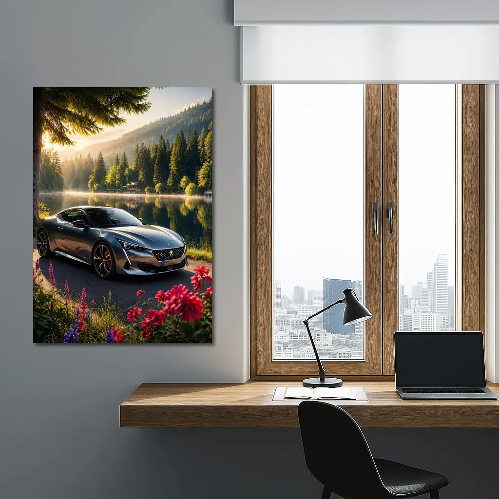 Peugeot 508 2023 Grey Fastback Lakeside Forest Sunrise – Wall Art