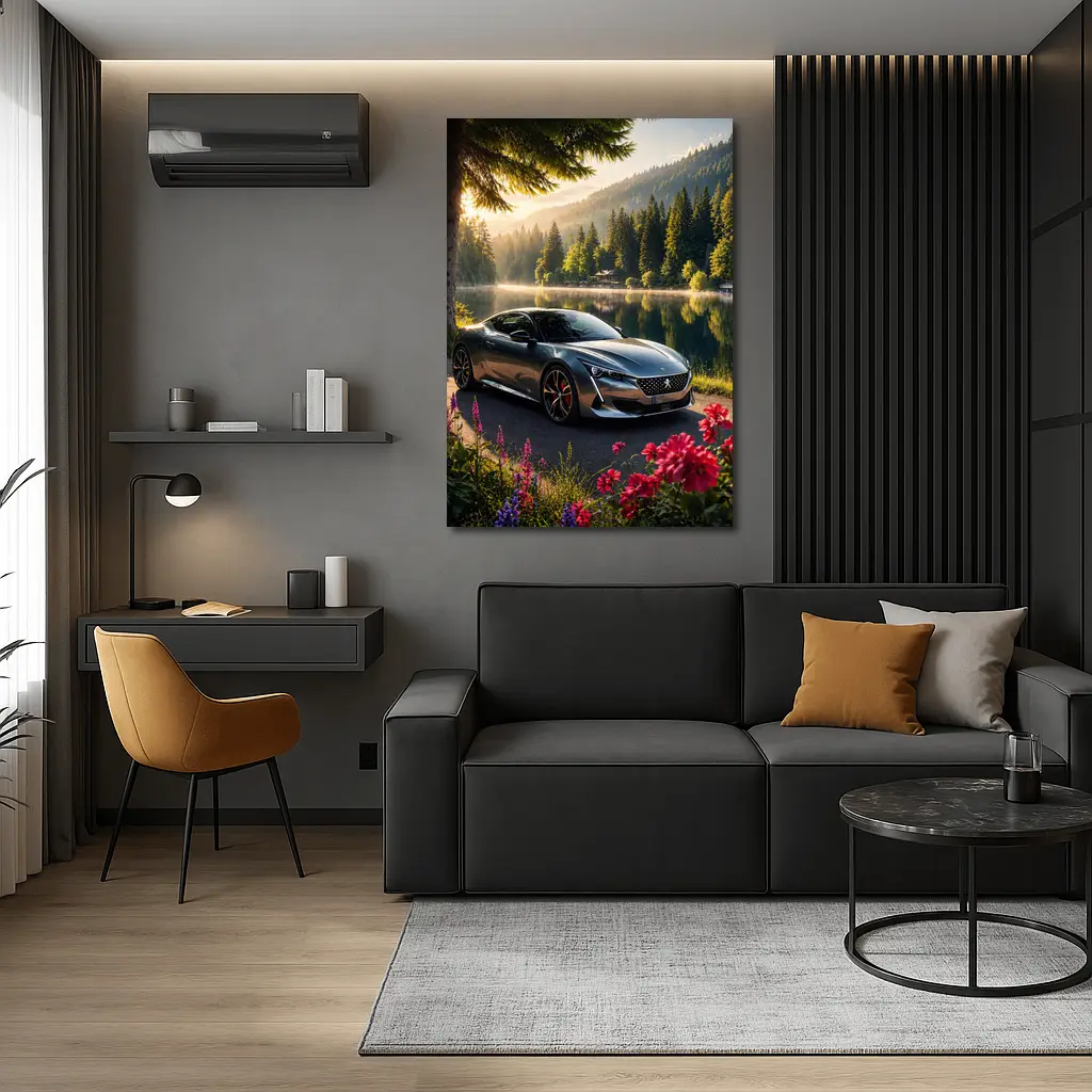 Peugeot 508 2023 Grey Fastback Lakeside Forest Sunrise – Wall Art