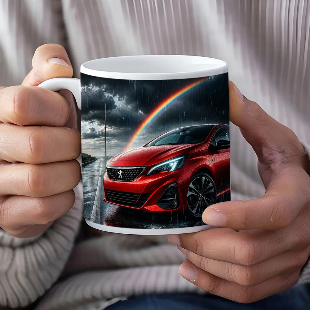 Peugeot Red Car Rainy Road Rainbow Sky – Mugs