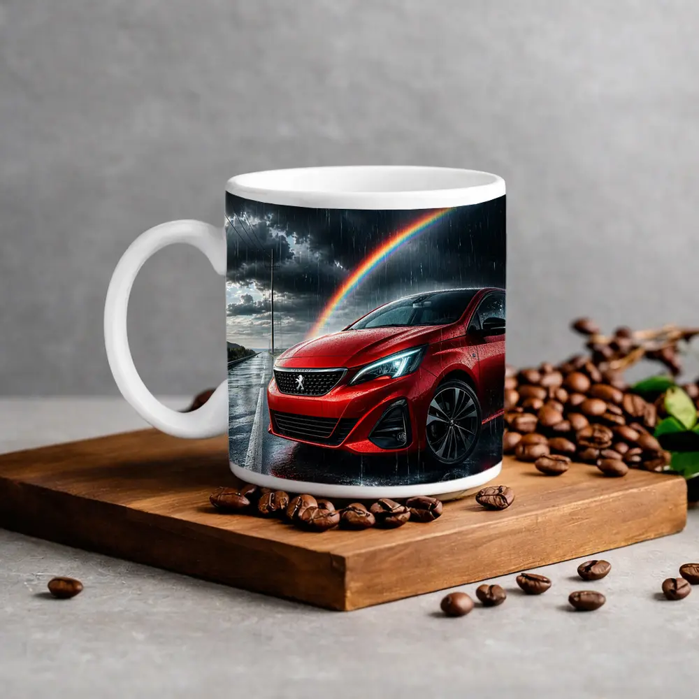 Peugeot Red Car Rainy Road Rainbow Sky – Mugs