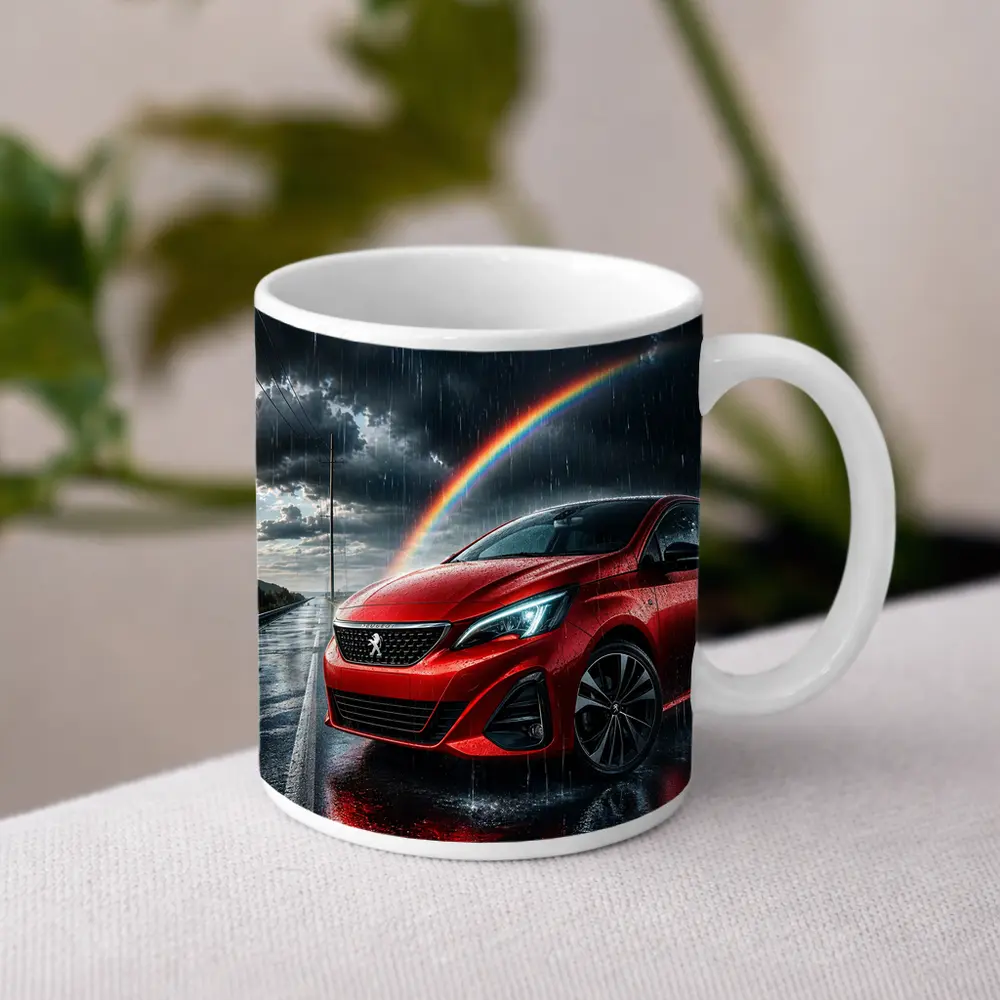 Peugeot Red Car Rainy Road Rainbow Sky – Mugs