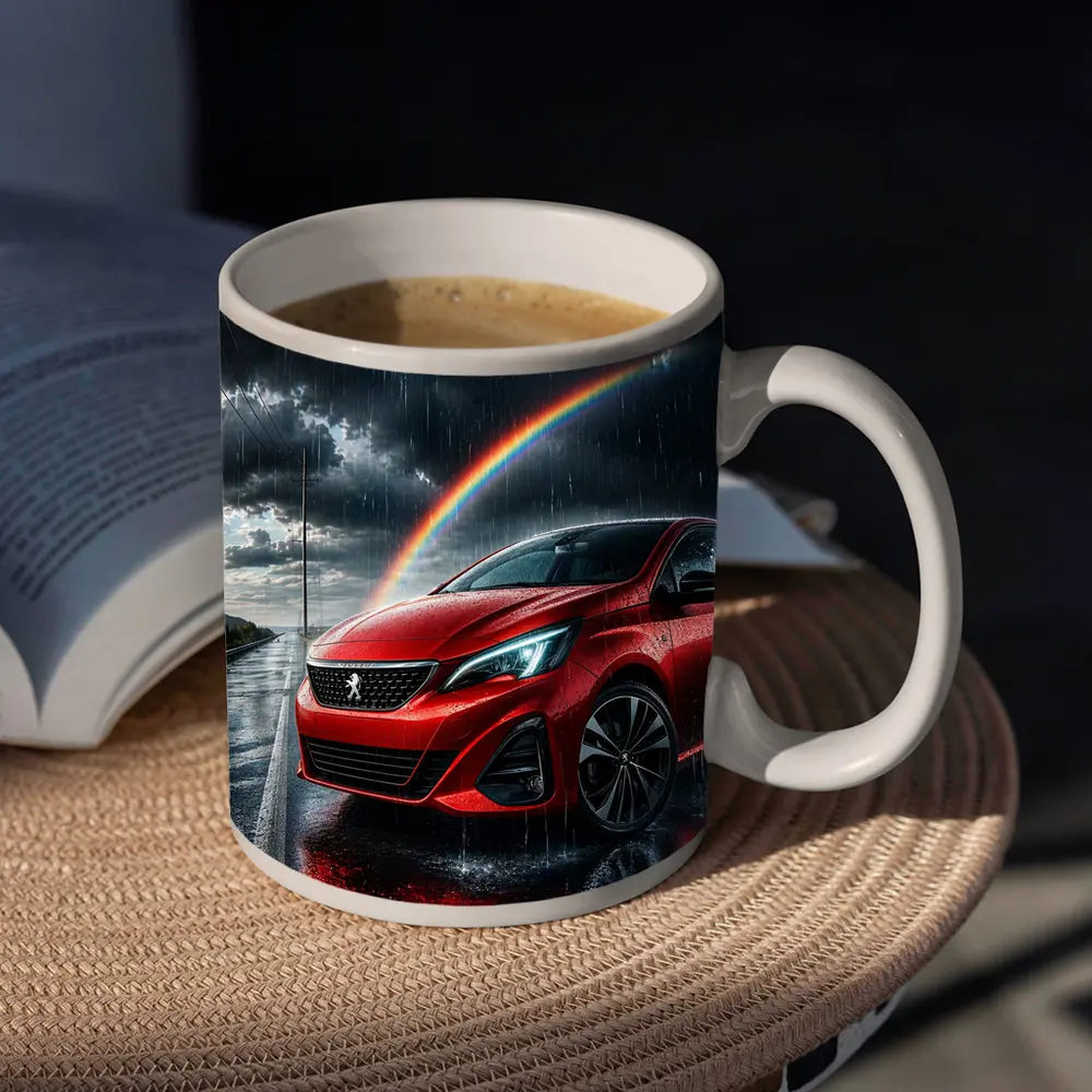 Peugeot Red Car Rainy Road Rainbow Sky – Mugs