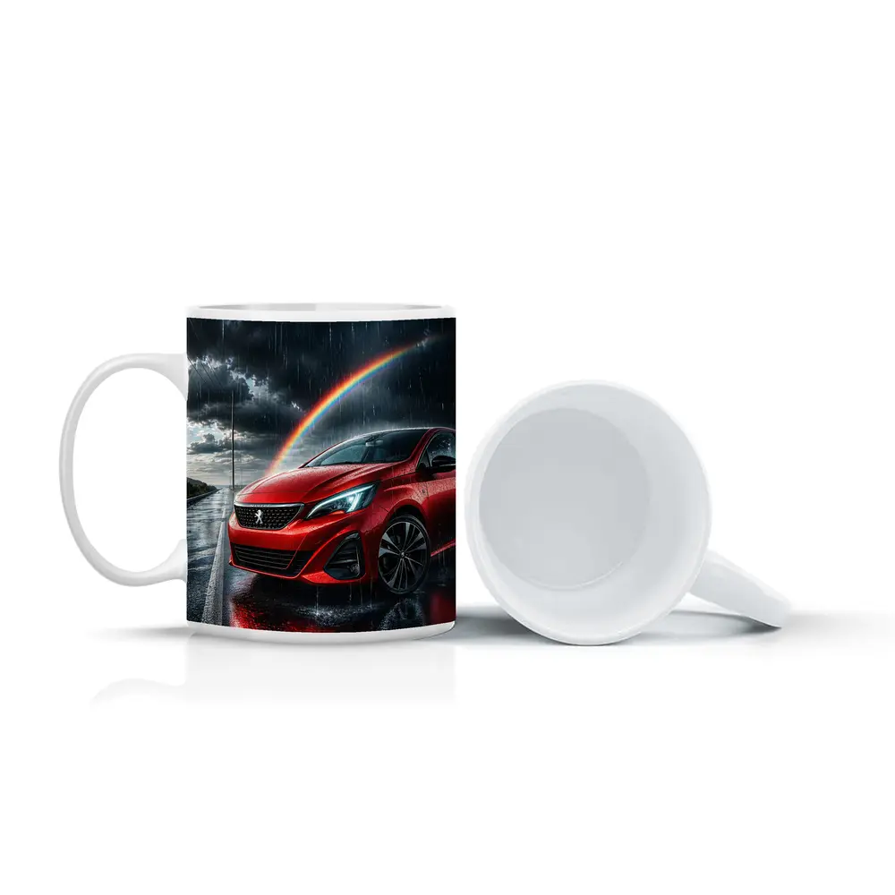 Peugeot Red Car Rainy Road Rainbow Sky – Mugs